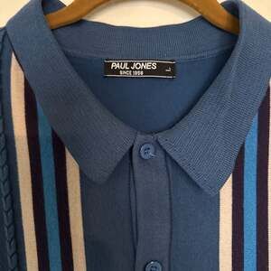PJ PAUL JONES Mens Vintage Striped Long Sleeve Button Down Knit Polo Cardigan Sw